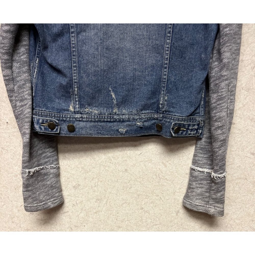 Free People Denim Knit Sleeve Hooded Hoodie Jacket Women's Size Small - Picture 6 of 10